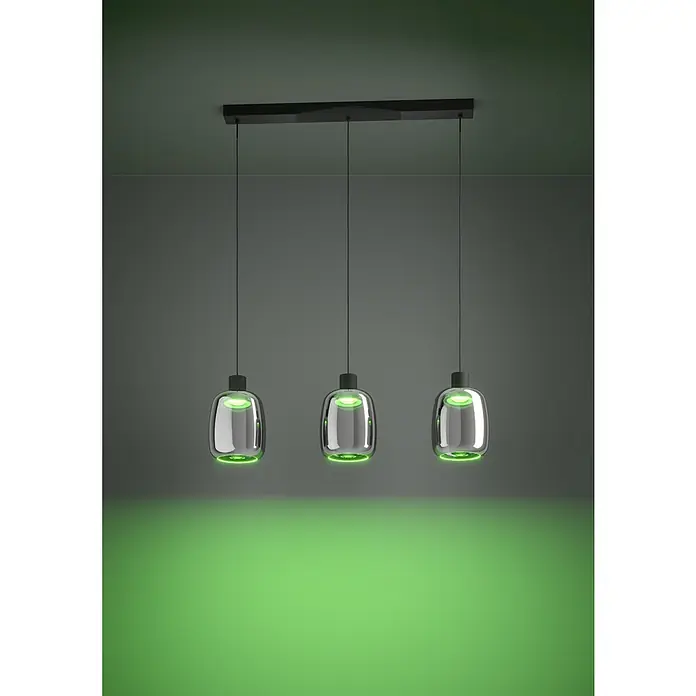 Eglo Pendelleuchte Molochio-Z - 11,1 W, L x B x H: 110 x 12,5 x 12,5 cm, Schwarz, RGBW - Die moderne Pendelleuchte mit drei Lampen in Chromoptik und grüner Beleuchtung sorgt für ein stilvolles Ambiente.