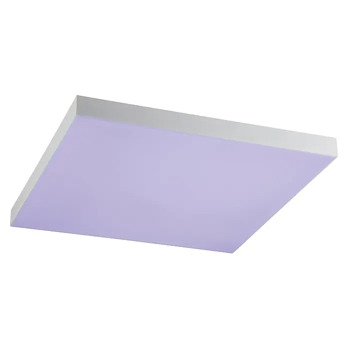 Eglo LED-Panel Turcona-Z - 22,8 W, L x B x H: 45 x 45 x 7,5 cm, Weiß, RGBW - Nahaufnahme eines hellvioletten, quadratischen Paneels, das an einer weißen Decke befestigt ist. Ideal für moderne Inneneinrichtungen.