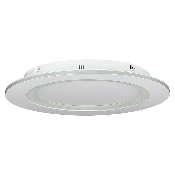 Eglo LED-Deckenleuchte Padrogiano-Z - Durchmesser: 45 cm, 2.700 K - 6.500 K, Warmweiß, Dimmbar - Nahaufnahme einer runden, weißen LED-Deckenleuchte mit einem schmalen silbernen Zierring, die ein modernes und helles Design ausstrahlt.