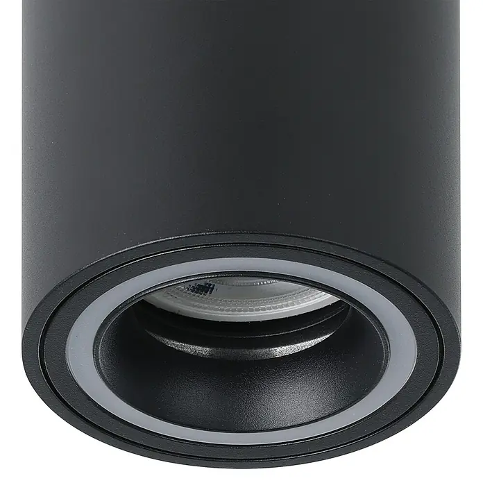 Eglo connect.z LED-Spot Carosso-Z - Ø x H: 80 x 95 mm, 4,9 W - Nahaufnahme einer modernen, zylindrischen Deckenleuchte in Schwarz mit einem markanten, eingelassenen LED-Licht.