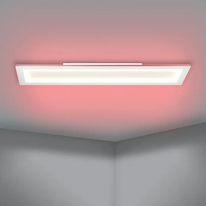 Eglo LED-Deckenleuchte Padrogiano - L x B x H: 1.200 x 300 x 50 mm - Moderne LED-Deckenleuchte mit rechteckigem Design und roter Ambientebeleuchtung für stilvolle Innenräume.