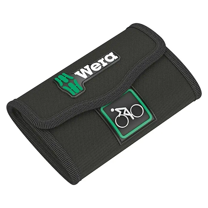 Wera Werkzeug-Set Bicycle Set 2 - 13 -tlg. - Abbildung einer schwarzen Wera Fahrradtasche, ideal für Werkzeug. Sie ist kompakt, robust und mit dem Wera-Logo versehen.