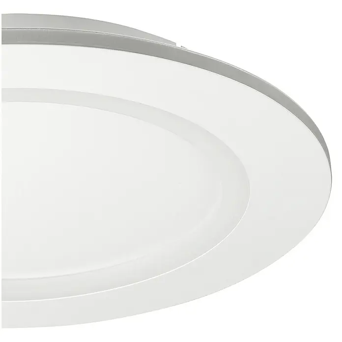 Eglo LED-Deckenleuchte Padrogiano-Z - Durchmesser: 45 cm, 2.700 K - 6.500 K, Warmweiß, Dimmbar - Nahaufnahme einer runden Deckenleuchte mit silbernem Rahmen, die ein modernes und minimalistisches Design für die Innenbeleuchtung zeigt.