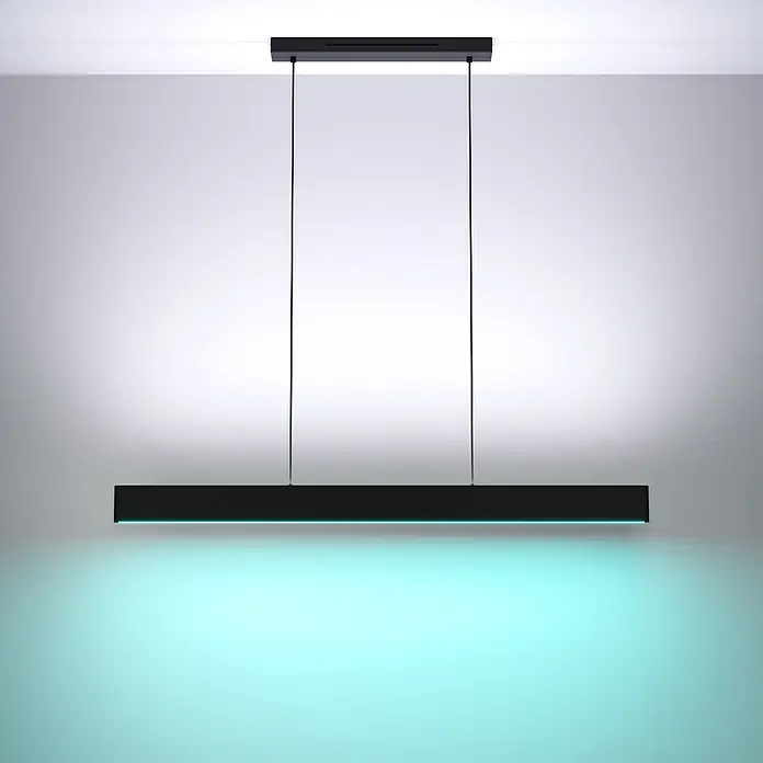 Eglo LED-Pendelleuchte Andreas-Z - 38 W, L x B x H: 117 x 7 x 110 cm, Schwarz, RGBW - Elegante LED-Hängeleuchte in Schwarz mit minimalistischem Design und stimmungsvoller, indirekter Beleuchtung für moderne Wohnräume.