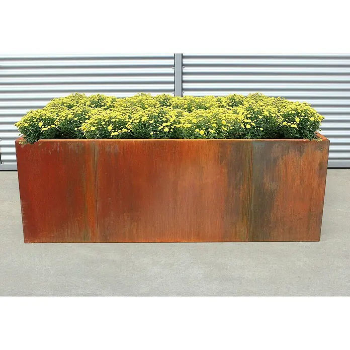 Palatino Hochbeet Urban - 200 x 100 x 70 cm, Stahl, Rostbraun - Ein rechteckiger Pflanzkasten aus Cortenstahl, gefüllt mit leuchtend gelben Chrysanthemen, vor einer Wand mit horizontalen Metallpaneelen.