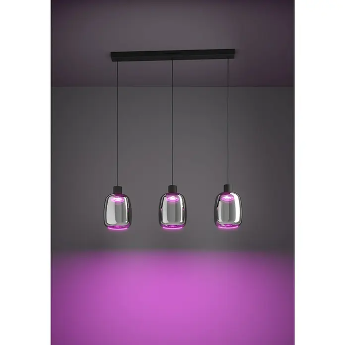 Eglo Pendelleuchte Molochio-Z - 11,1 W, L x B x H: 110 x 12,5 x 12,5 cm, Schwarz, RGBW - Drei moderne Hängelampen mit violettem Licht akzentuieren den Raum und sorgen für stilvolle Beleuchtung.