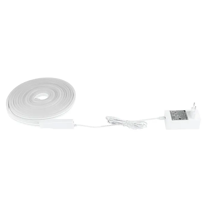 Eglo Connect LED-Stripes Neon-Stripe-Z - 5 cm, Lichtstrom: 3.400 lm, RGBW - Eine Rolle flexible LED-Neonlichter, ein LED-Streifen und ein LED-Treiber liegen aufgereiht auf einem dunklen Hintergrund.