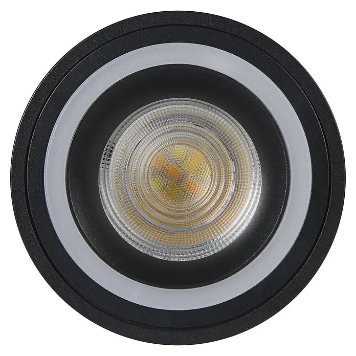 Eglo connect.z LED-Spot Carosso-Z - Ø x H: 80 x 95 mm, 4,9 W - Nahaufnahme einer runden LED-Deckenleuchte mit schwarzem Gehäuse und weißem Ring, die ein warmes, zentriertes Licht ausstrahlt.