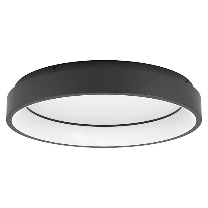 Eglo connect.z LED-Deckenleuchte rund Marghera-Z - 26 W, Ø x H: 60 x 11 cm, Schwarz, RGBW - Nahaufnahme einer runden, schwarzen Deckenleuchte mit integrierter, weißer Lichtfläche, die ein modernes und minimalistisches Design aufweist.