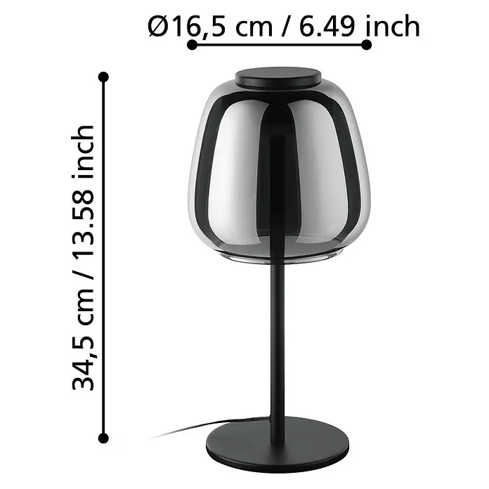 Eglo connect.z LED-Tischleuchte Alfero-Z - 7,7 W, L x B x H: 16,5 x 16,5 x 34,5 cm, Schwarz, RGBW - Ein modernes Lampenmodell mit einem runden Sockel und einer rauchfarbenen Glaskuppel für stimmungsvolle Beleuchtung.