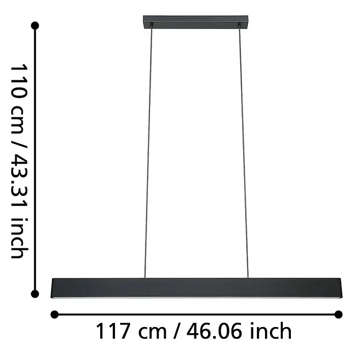 Eglo LED-Pendelleuchte Andreas-Z - 38 W, L x B x H: 117 x 7 x 110 cm, Schwarz, RGBW - Abbildung einer LED-Pendelleuchte in Schwarz mit Maßangaben.