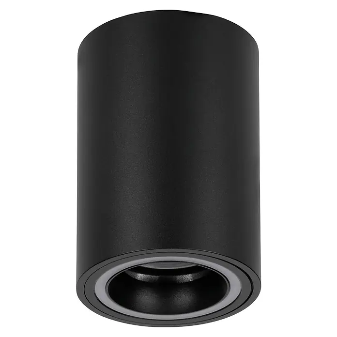 Eglo connect.z LED-Spot Carosso-Z - Ø x H: 80 x 95 mm, 4,9 W - Nahaufnahme einer zylindrischen, mattschwarzen Deckenleuchte mit einem dezenten grauen Ring um die Öffnung.