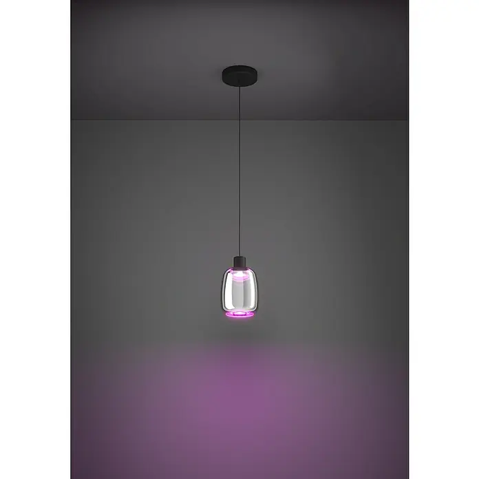 Eglo LED-Pendelleuchte Molochio-Z - 3,7 W, L x B x H: 18 x 18 x 18 cm, Schwarz, RGBW - Pendelleuchte mit einem klaren Glasgehäuse und einem leuchtenden violetten Akzent, die eine moderne und elegante Beleuchtungslösung bietet.