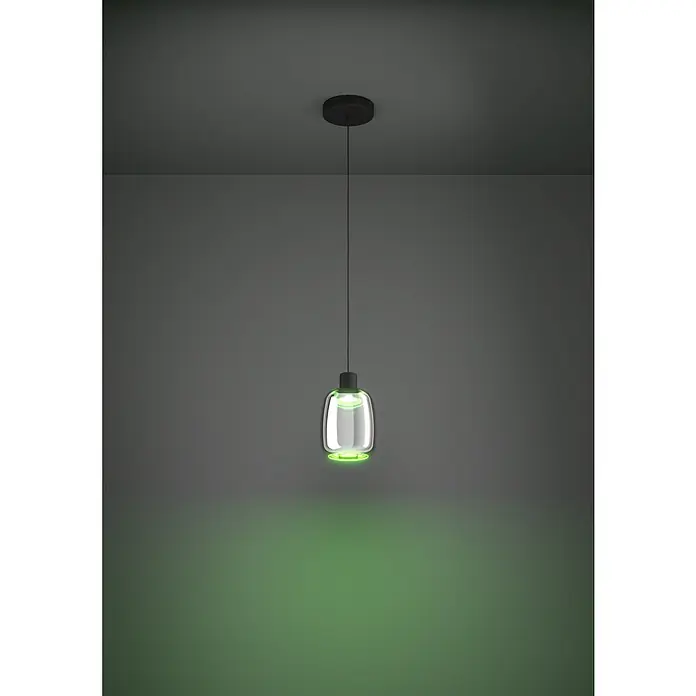 Eglo LED-Pendelleuchte Molochio-Z - 3,7 W, L x B x H: 18 x 18 x 18 cm, Schwarz, RGBW - Ein modernes Glaspendel mit einem schwarzen Sockel und einem grünen Leuchteffekt, der eine stimmungsvolle Atmosphäre erzeugt.