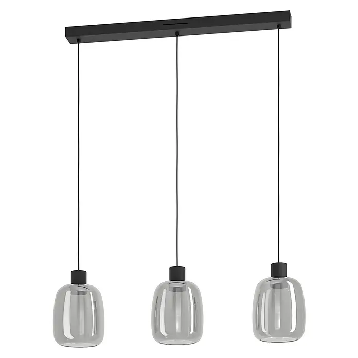 Eglo Pendelleuchte Molochio-Z - 11,1 W, L x B x H: 110 x 12,5 x 12,5 cm, Schwarz, RGBW - Eine moderne Pendelleuchte mit drei grauen Glaslampenschirmen hängt von einer schwarzen Stange. Die Leuchte ist ein stilvolles Interieur-Element.