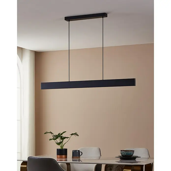 Eglo LED-Pendelleuchte Andreas-Z - 38 W, L x B x H: 117 x 7 x 110 cm, Schwarz, RGBW - Elegante, schwarze LED-Hängeleuchte für Esszimmer. Stilvolles Design, das modernes Ambiente schafft und perfekte Beleuchtung über dem Esstisch bietet.