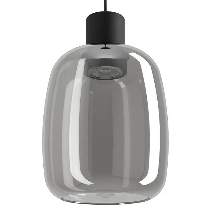 Eglo LED-Pendelleuchte Molochio-Z - 3,7 W, L x B x H: 18 x 18 x 18 cm, Schwarz, RGBW - Diese Aufnahme zeigt eine moderne Pendelleuchte mit einem transparenten, gläsernen Lampenschirm und einer schwarzen Aufhängung.