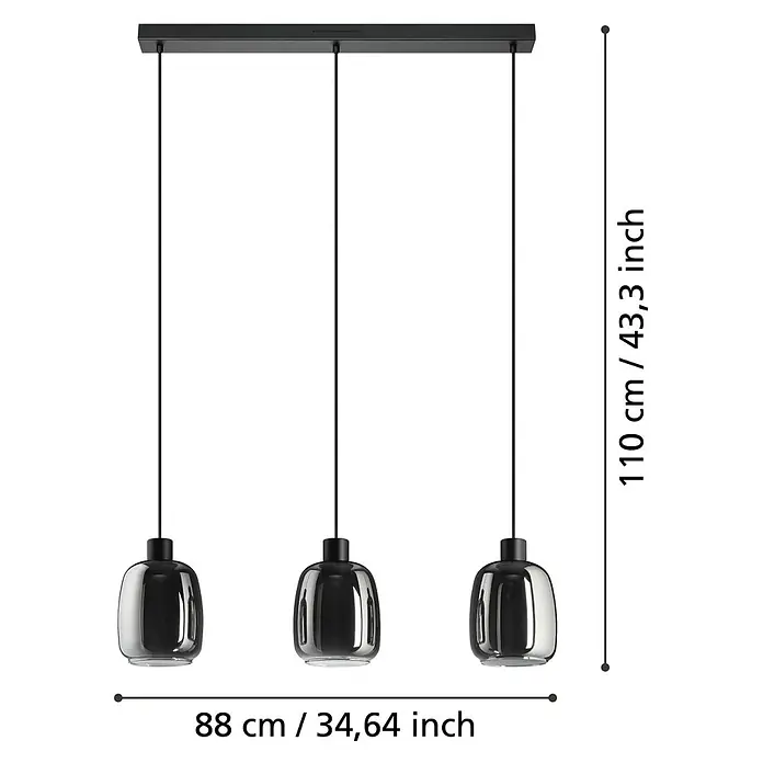 Eglo Pendelleuchte Molochio-Z - 11,1 W, L x B x H: 110 x 12,5 x 12,5 cm, Schwarz, RGBW - Abbildung einer Pendelleuchte mit drei grau getönten Glasschirmen und den Maßen 110 x 88 cm.