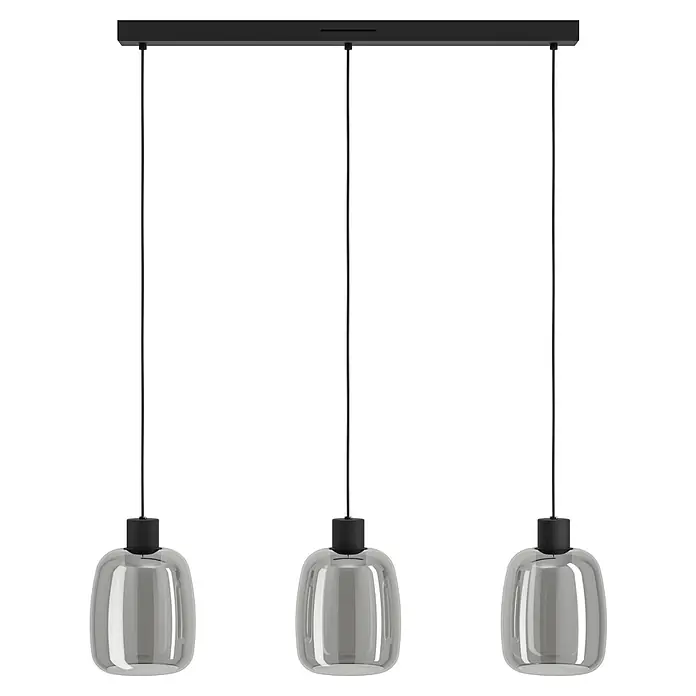 Eglo Pendelleuchte Molochio-Z - 11,1 W, L x B x H: 110 x 12,5 x 12,5 cm, Schwarz, RGBW - Moderne Pendelleuchte mit drei grauen Glasschirmen an einer schwarzen Aufhängung, die ein stilvolles Ambiente schafft.