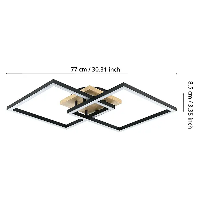 Eglo LED-Deckenleuchte Lomaltas-Z - 32 W, L x B x H: 77 x 49,5 x 8,5 cm, Braun, Neutralweiß - Deckenleuchte mit modernem Design aus verschlungenen, schwarzen Quadraten und Holzelementen, inklusive Maßangaben.
