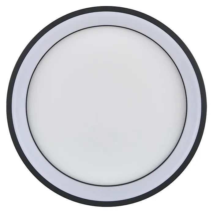 Eglo connect.z LED-Deckenleuchte rund Marghera-Z - 26 W, Ø x H: 60 x 11 cm, Schwarz, RGBW - Nahaufnahme einer runden LED-Deckenleuchte mit weißem Diffusor und dunklem Rahmen für eine helle und energieeffiziente Beleuchtung.