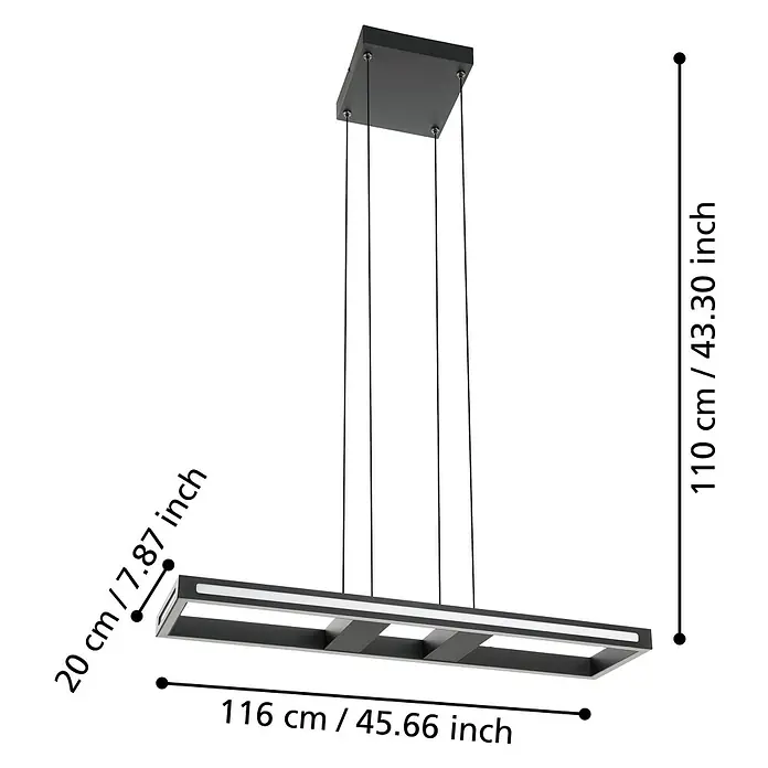 Eglo connect.z LED-Pendelleuchte Savilanas-Z - L x B x H: 77 x 20 x 110 cm, Dimmbar, Schwarz - Abbildung einer modernen LED-Hängeleuchte in Schwarz mit Maßangaben.