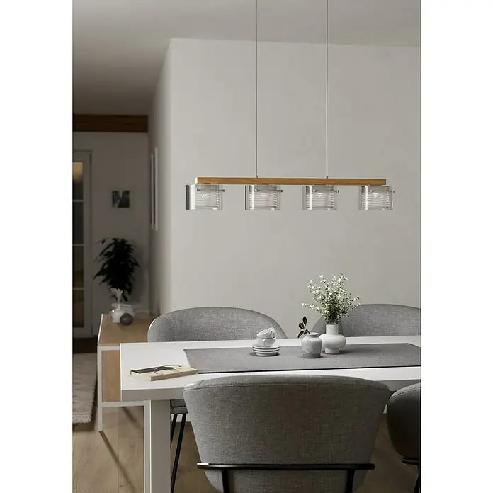 Eglo connect.z LED-Pendelleuchte Portico-Z - 14,8 W, L x B x H: 88 x 150 x 110 cm, Braun, RGBW - Elegante Pendelleuchte mit vier Lampen und Holzdetails über einem Esstisch.