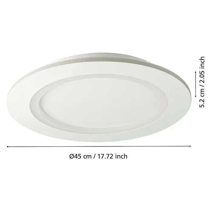 Eglo LED-Deckenleuchte Padrogiano-Z - Durchmesser: 45 cm, 2.700 K - 6.500 K, Warmweiß, Dimmbar - Nahaufnahme einer runden, weißen Deckenleuchte mit Maßangaben für Durchmesser und Höhe.