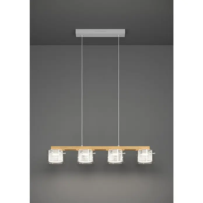 Eglo connect.z LED-Pendelleuchte Portico-Z - 14,8 W, L x B x H: 88 x 150 x 110 cm, Braun, RGBW - Eine moderne Hängelampe mit vier Lampenschirmen aus Metallgeflecht, die an einem Holzrahmen befestigt sind.