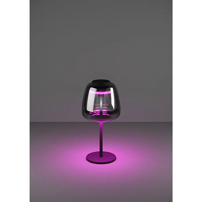 Eglo connect.z LED-Tischleuchte Alfero-Z - 7,7 W, L x B x H: 16,5 x 16,5 x 34,5 cm, Schwarz, RGBW - Diese Aufnahme zeigt eine moderne Tischlampe mit einem pinkfarbenen Leuchten auf einem neutralen Hintergrund.