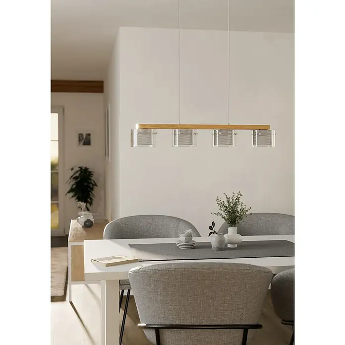 Eglo connect.z LED-Pendelleuchte Portico-Z - 14,8 W, L x B x H: 88 x 150 x 110 cm, Braun, RGBW - Moderne Pendelleuchte mit Holzdetails und vier Schirmen aus klarem Kunststoff für eine stilvolle Beleuchtung über dem Esstisch.