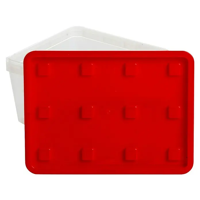 Wisent Aufbewahrungsbox - L x B x H: 135 x 180 x 84 mm, Kunststoff - Ein rechteckiger, transparenter Behälter mit einem leuchtend roten Deckel, der mit kleinen Quadraten verziert ist.