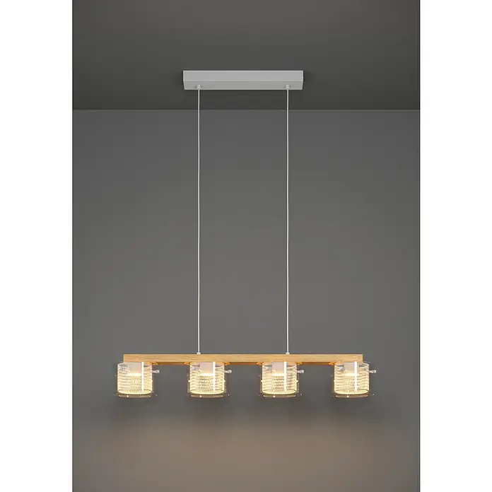 Eglo connect.z LED-Pendelleuchte Portico-Z - 14,8 W, L x B x H: 88 x 150 x 110 cm, Braun, RGBW - Eine moderne Hängelampe mit vier Schirmen aus geflochtenem Metall an einem Holzrahmen, die warmes Licht ausstrahlt.