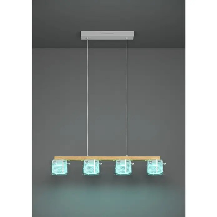 Eglo connect.z LED-Pendelleuchte Portico-Z - 14,8 W, L x B x H: 88 x 150 x 110 cm, Braun, RGBW - Eine moderne Hängelampe mit vier bläulich leuchtenden, zylindrischen Lampenschirmen an einem Holzsockel, ideal für stilvolle Beleuchtung.