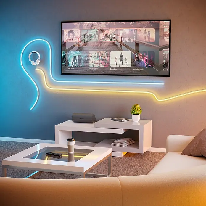 Eglo Connect LED-Stripes Neon-Stripe-Z - 5 cm, Lichtstrom: 3.400 lm, RGBW - Ein modernes Wohnzimmer mit einem Fernseher und einer Neon-Ohr-Dekoration, die für eine stimmungsvolle Atmosphäre sorgt.