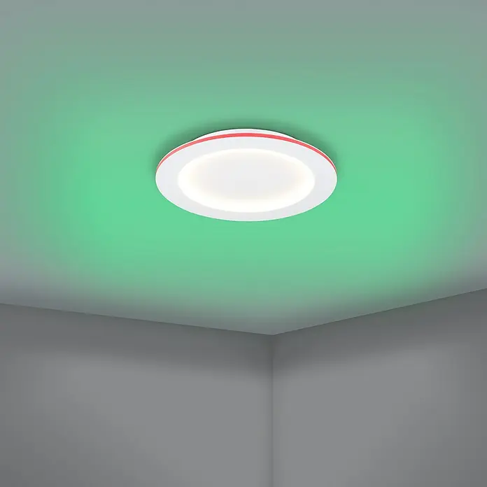 Eglo LED-Deckenleuchte Padrogiano-Z - Durchmesser: 45 cm, 2.700 K - 6.500 K, Warmweiß, Dimmbar - Eine runde Deckenleuchte mit LED-Beleuchtung und rotem Akzent, die ein grünes Licht an die Decke wirft.