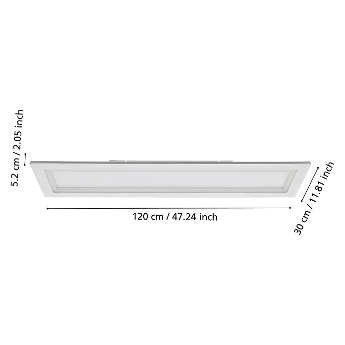 Eglo LED-Deckenleuchte Padrogiano - L x B x H: 1.200 x 300 x 50 mm - Abmessungen einer flachen, rechteckigen Deckenleuchte in Weiß, mit Angabe von Länge, Breite und Höhe.