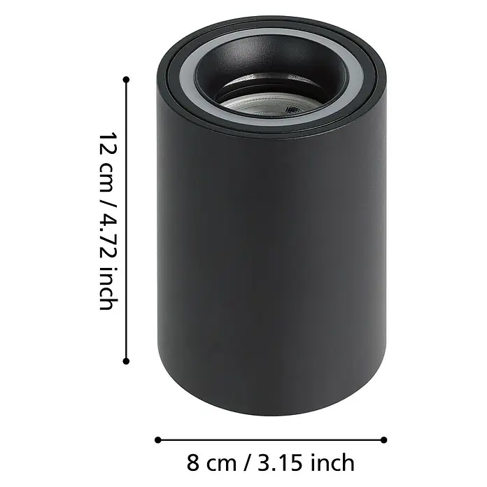Eglo connect.z LED-Spot Carosso-Z - Ø x H: 80 x 95 mm, 4,9 W - Nahaufnahme einer schwarzen zylindrischen Deckenleuchte mit Maßangaben.