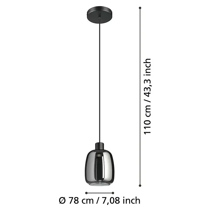 Eglo LED-Pendelleuchte Molochio-Z - 3,7 W, L x B x H: 18 x 18 x 18 cm, Schwarz, RGBW - Abbildung einer stilvollen, verchromten Pendelleuchte mit den Maßen 110 cm Höhe und 7,08 Zoll Durchmesser.