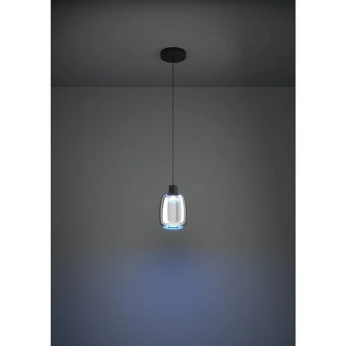 Eglo LED-Pendelleuchte Molochio-Z - 3,7 W, L x B x H: 18 x 18 x 18 cm, Schwarz, RGBW - Elegante Pendelleuchte mit klarem Glaskörper und subtiler blauer Beleuchtung, die eine moderne Atmosphäre schafft.