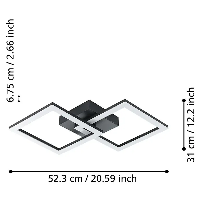 Eglo LED-Deckenleuchte Huerta-E - 20 W, L x B x H: 52,5 x 31 x 7 cm, Schwarz, Tageslichtweiß - Deckenleuchte mit zwei ineinander verschlungenen Quadraten in Schwarz und Weiß mit Maßangaben.
