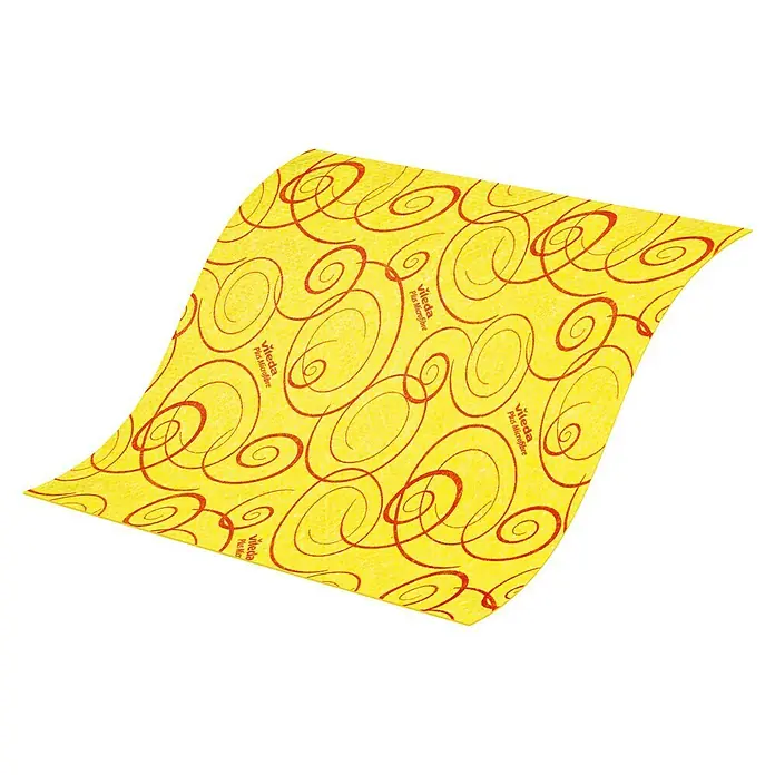 Vileda Allzwecktuch XXL Pack - 6 Stk. - Vileda Plus Microfaser Tuch mit gelbem Grund und rotem Muster, ideal für die Reinigung im Haushalt und Gewerbe.