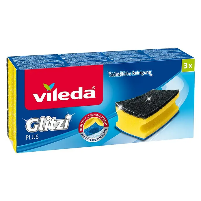 Vileda Glitzi Plus Topfreiniger - Glitzi Härtegrad: 2, 3 Stk., Antibakteriell - Bild einer 3er-Packung Vileda Glitzi Plus-Schwämme, die für eine gründliche Reinigung entwickelt wurden.