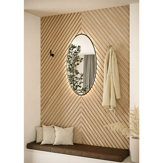 Eglo Connect LED-Stripes Neon-Stripe-Z - 3 cm, Lichtstrom: 2.400 lm, RGBW - Eingangsbereich mit Akzentwand aus Holzlatten, ovalem Spiegel mit Beleuchtung, Bank mit Kissen und einem beigefarbenen Mantel an einem Haken.