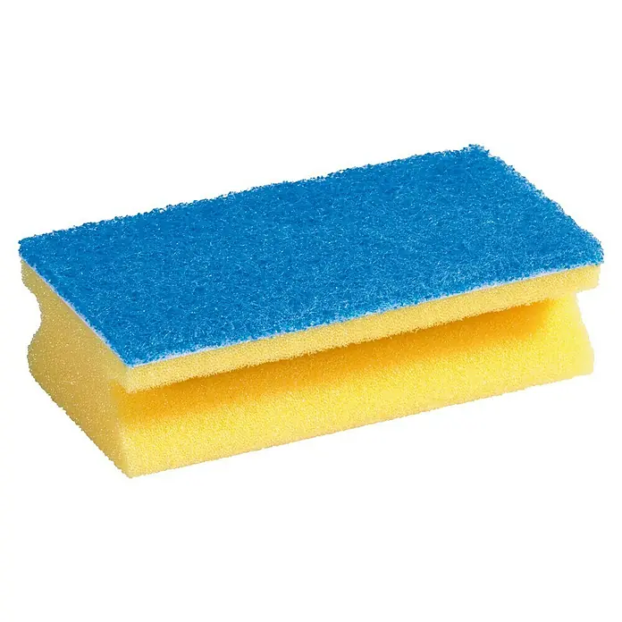 Vileda Glitzi Schwamm Jumbo sanft - Glitzi Härtegrad: 1, 1 Stk. - Nahaufnahme eines gelben und blauen Reinigungsschwamms mit Scheuervlies zum Abwaschen und zur Reinigung von Oberflächen.