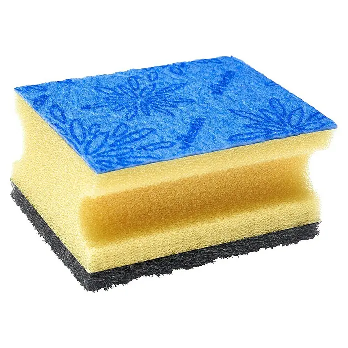 Vileda Glitzi Plus Topfreiniger - Glitzi Härtegrad: 2, 3 Stk., Antibakteriell - Nahaufnahme eines mehrschichtigen Reinigungsschwamms mit blauer Oberseite, gelbem Mittelteil und einer dunklen Scheuerseite.