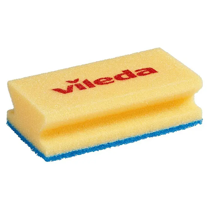 Vileda Glitzi Schwamm Jumbo sanft - Glitzi Härtegrad: 1, 1 Stk. - Abwasch-Schwamm von Vileda, gelb mit blauem Rand und rotem Logo, ideal für die Reinigung im Haushalt. Praktisch und effizient.