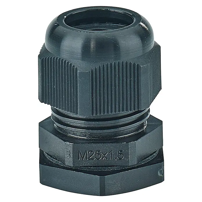 Hensel  Kabelverschraubung ASS 25 M25 x 1.5 - 25 - Eine schwarze Kabelverschraubung M25x1,5 für sichere Kabeleinführung und Zugentlastung in verschiedenen Anwendungen.