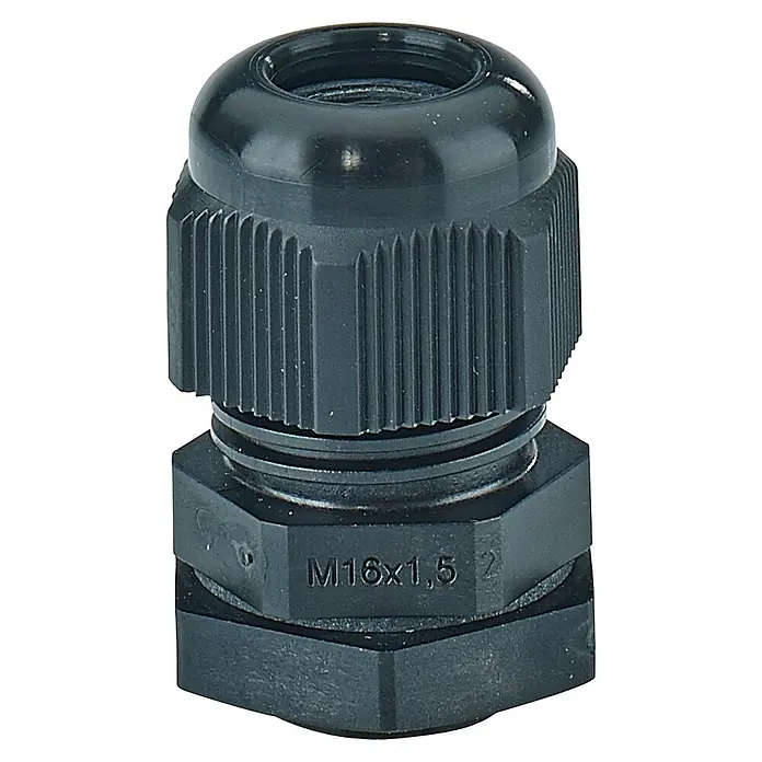 Hensel  Kabelverschraubung ASS 16 M16 x 1.5 - 16 - Schwarze M16x1,5 Kabelverschraubung mit geripptem Gehäuse und sechseckiger Basis für sichere Kabelverbindungen in verschiedenen Anwendungen.