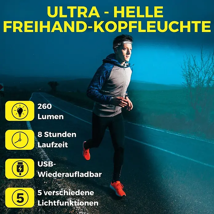 Stirnlampe Handy Brite Work Light - 260 lm - Produktbild einer Ultra-Helle Freihand-Kopfleuchte mit 260 Lumen, 8 Stunden Laufzeit, USB-Wiederaufladung und 5 Lichtfunktionen.